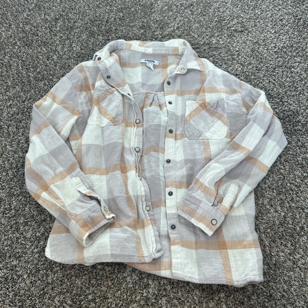 RSQ Beige and White Plaid Button-Down Shirt
